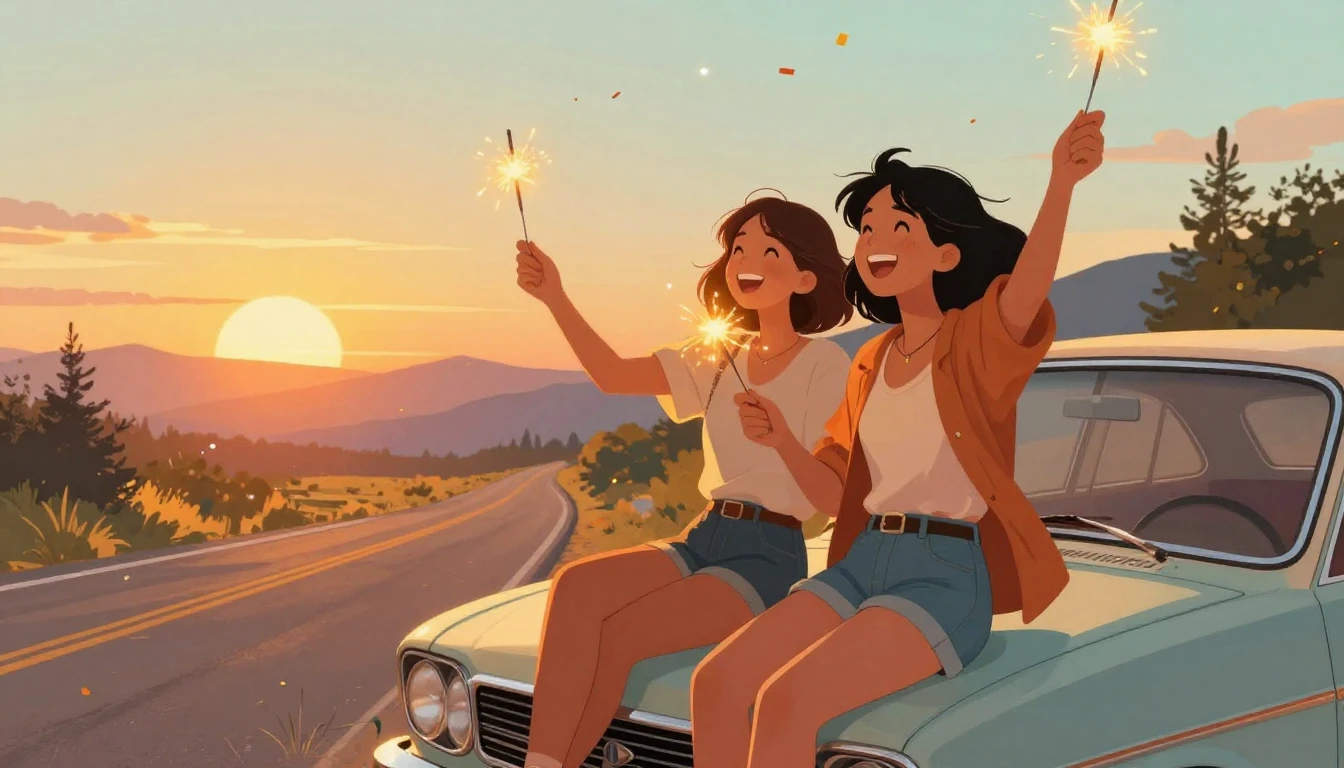 A nostalgic and warm illustration of two best friends sittin...