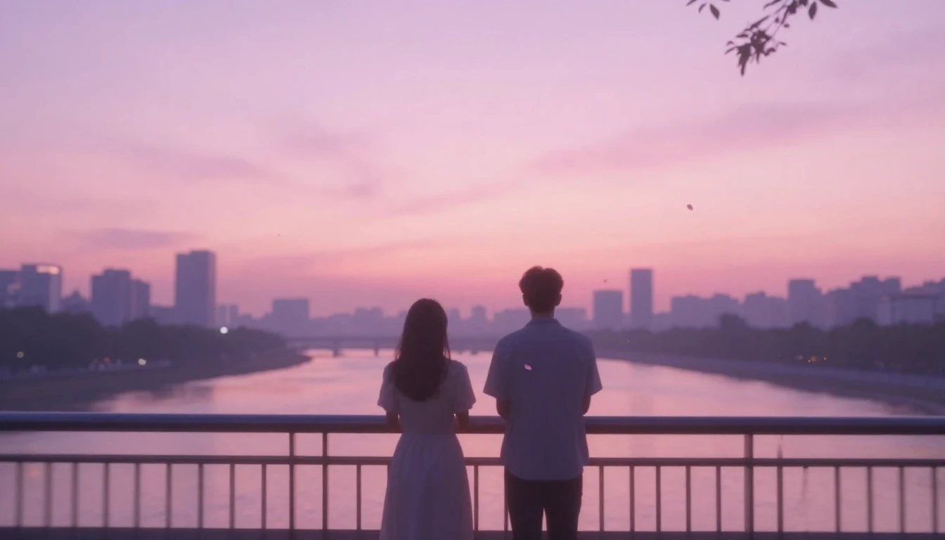 A dreamy and ethereal scene of two silhouettes standing on a...