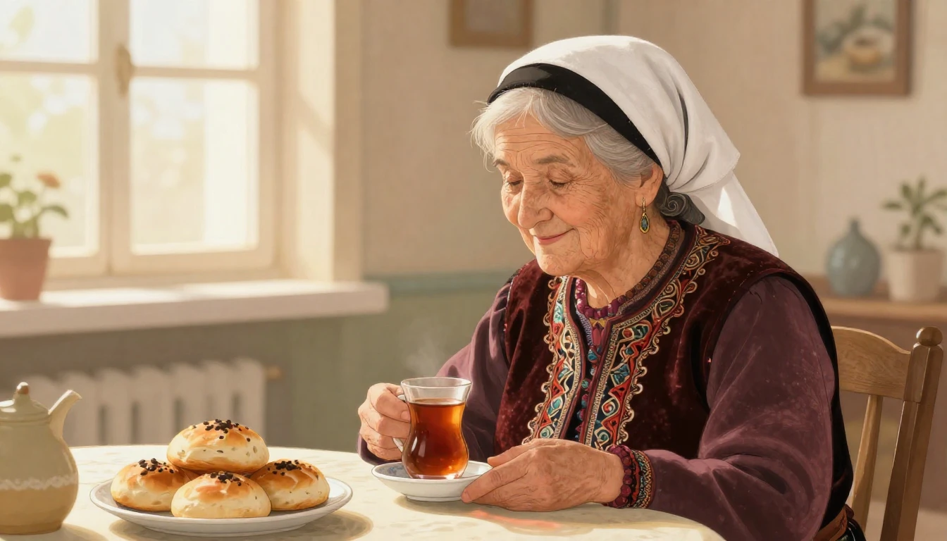 A heartwarming and nostalgic illustration of an elderly Kaza...