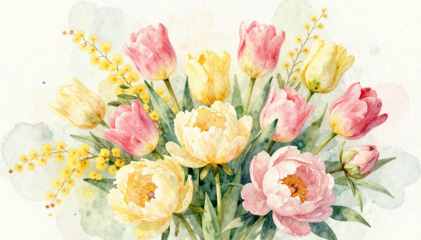 A beautiful watercolor painting of a lush bouquet of spring ...