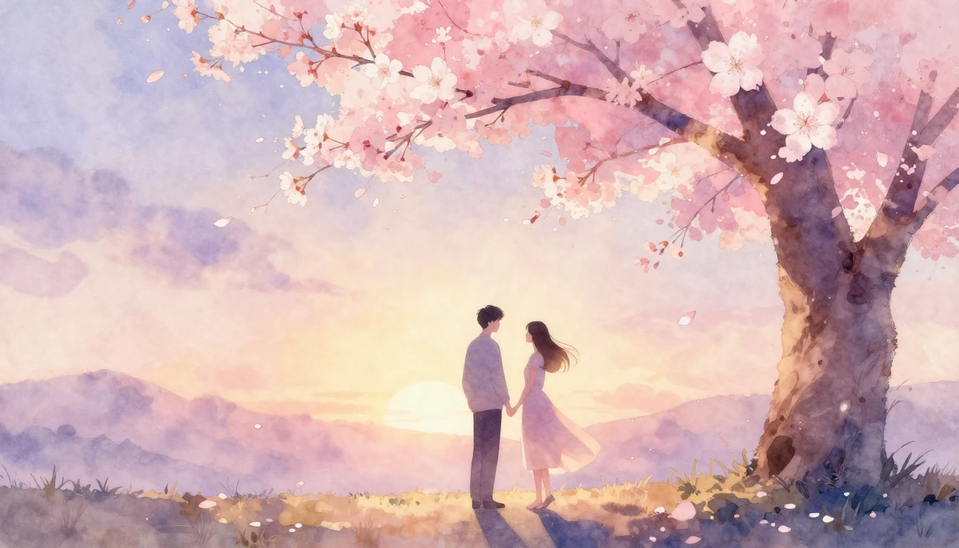 A soft and ethereal watercolor painting depicting two styliz...