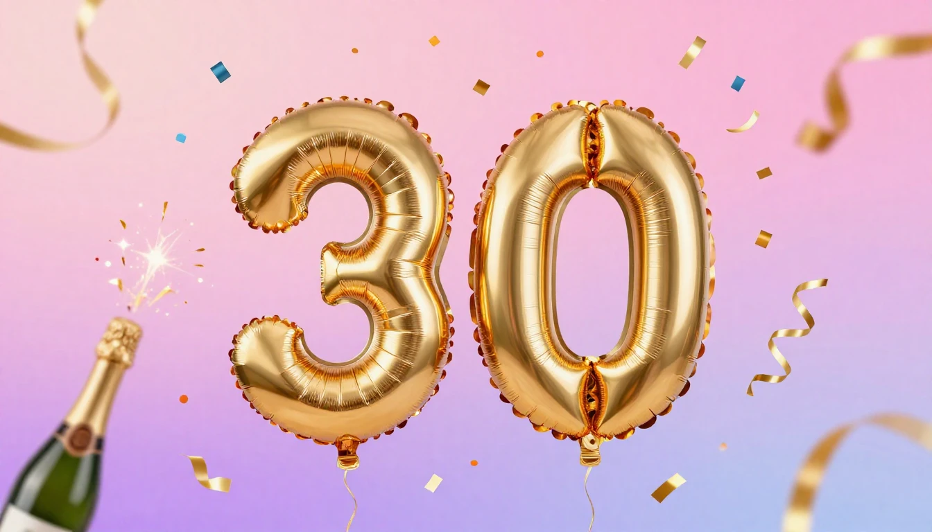 A vibrant and festive digital art design celebrating a 30th ...