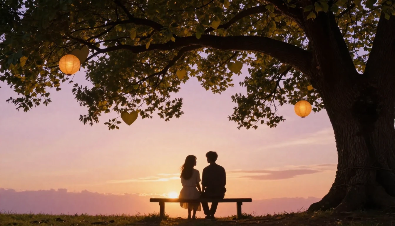 A romantic and dreamy scene featuring two silhouettes sittin...
