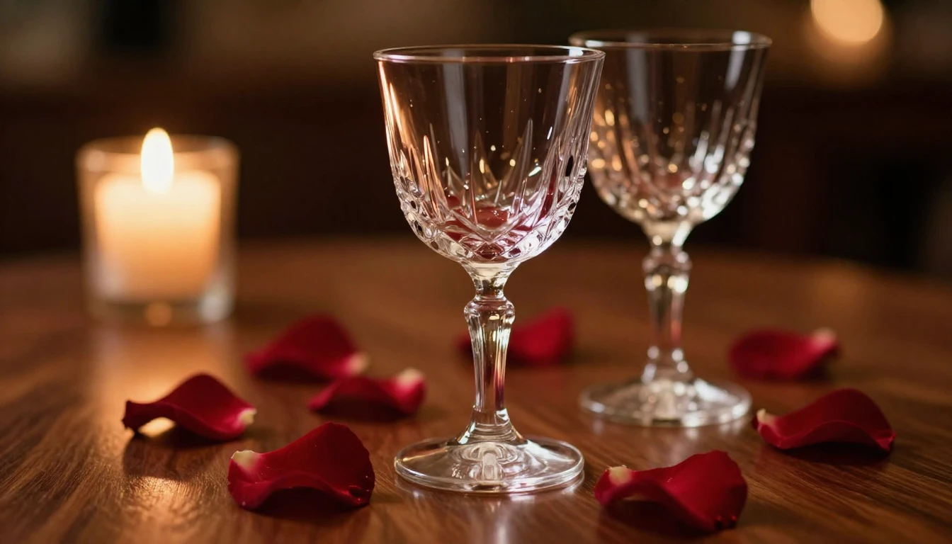 A close-up shot of two elegant crystal glasses on a polished...