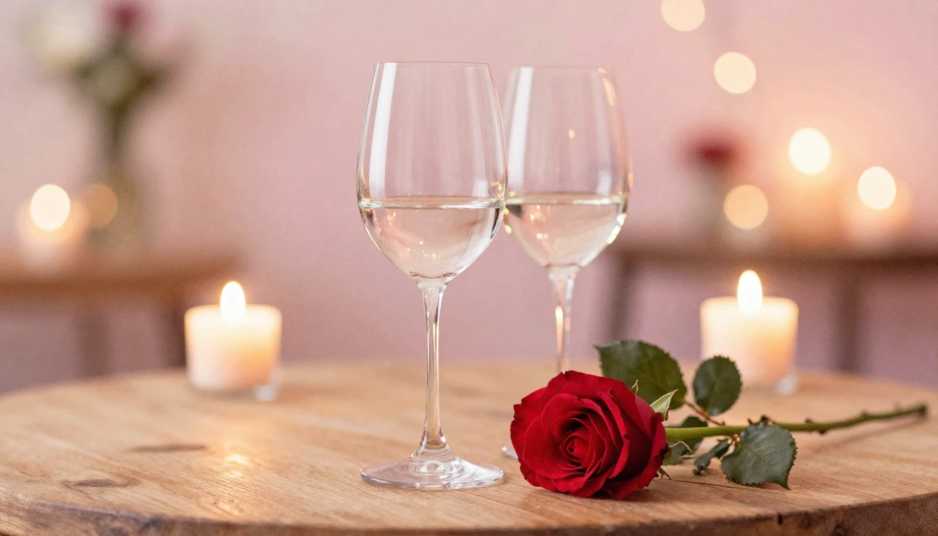 A serene and romantic scene featuring two elegant wine glass...