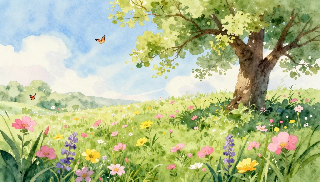 A vibrant watercolor painting of a lush spring meadow filled...