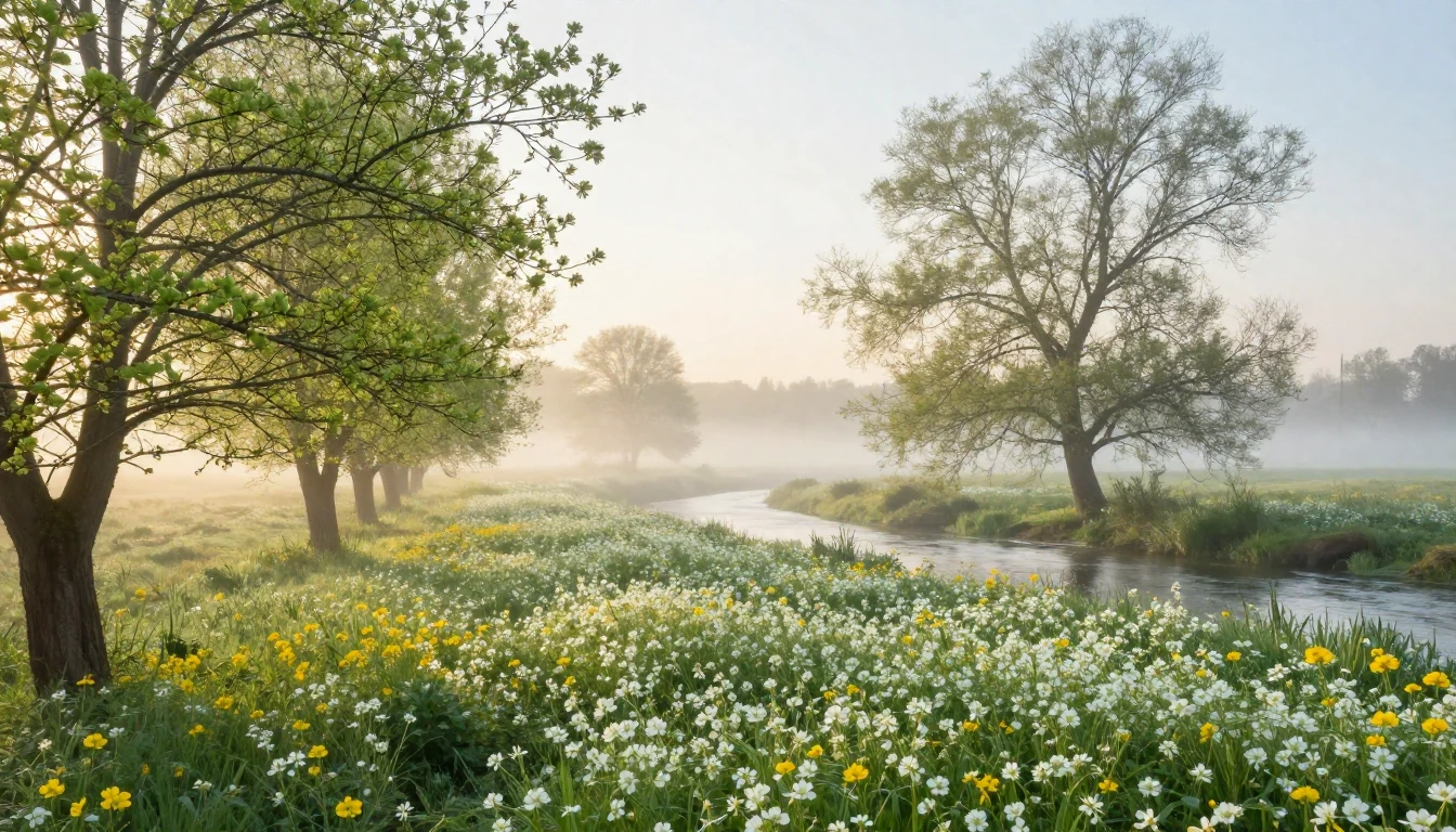 A serene landscape at dawn during early spring. Soft green b...
