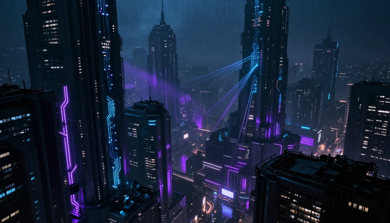 A sprawling futuristic cityscape at night, viewed from a hig...
