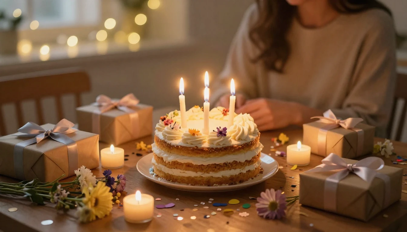 A heartwarming and festive birthday scene. A beautifully dec...