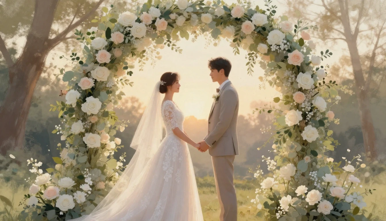 A soft and romantic scene of a bride and groom standing unde...