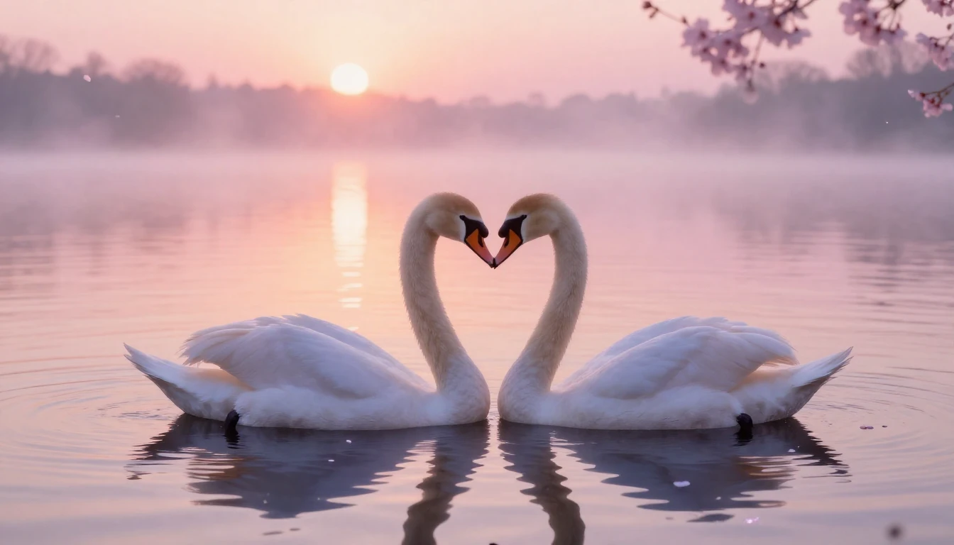 A soft and ethereal scene depicting two delicate swans formi...