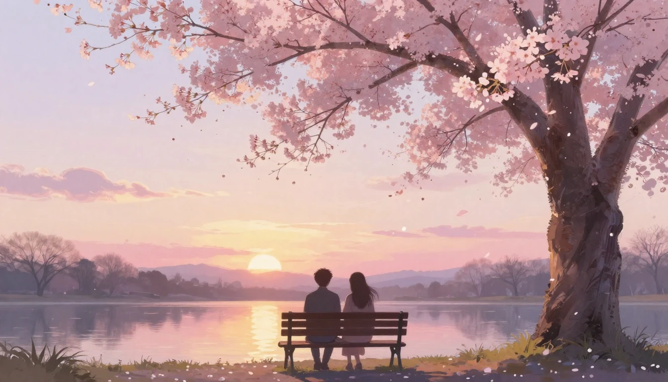 A dreamy and romantic scene featuring two silhouettes sittin...