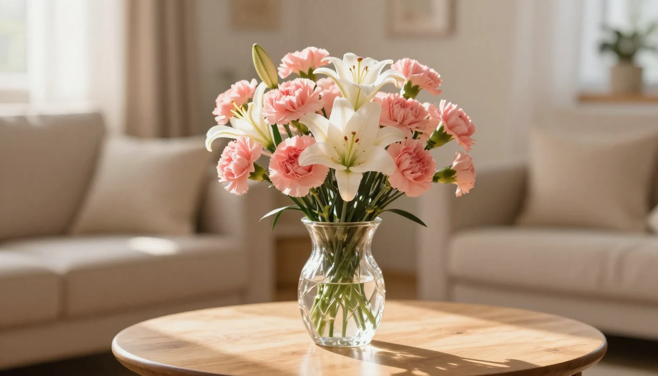 A beautiful, warm scene featuring a delicate bouquet of pink...