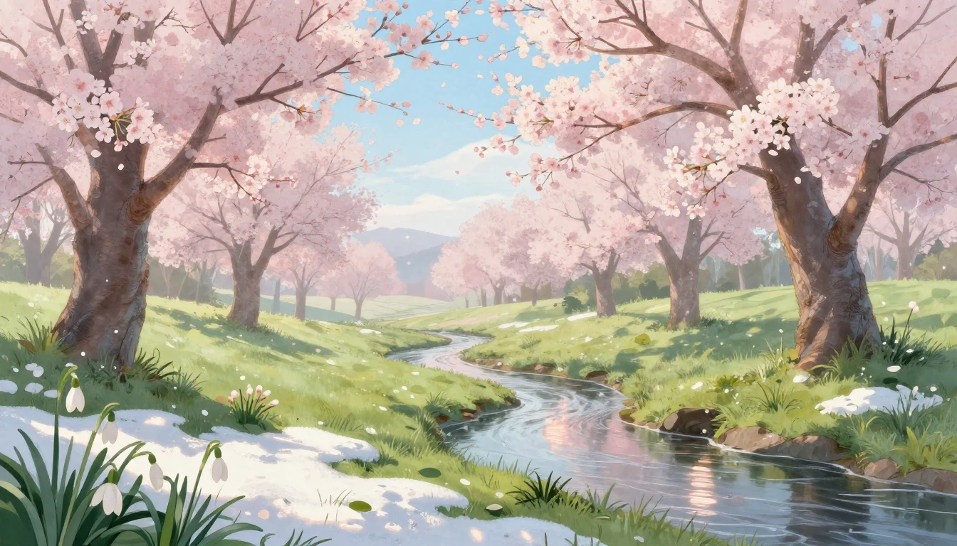 A serene landscape depicting the first day of spring. Soft p...