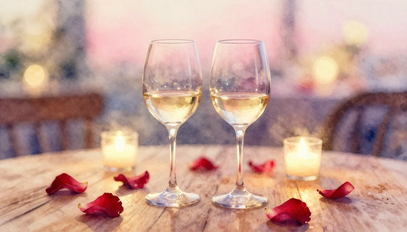 A soft watercolor painting of two elegant wine glasses stand...