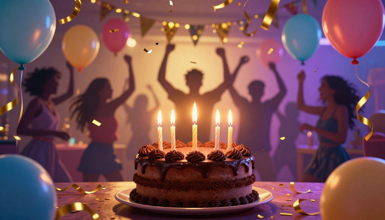 A vibrant and festive birthday party scene designed as a mus...