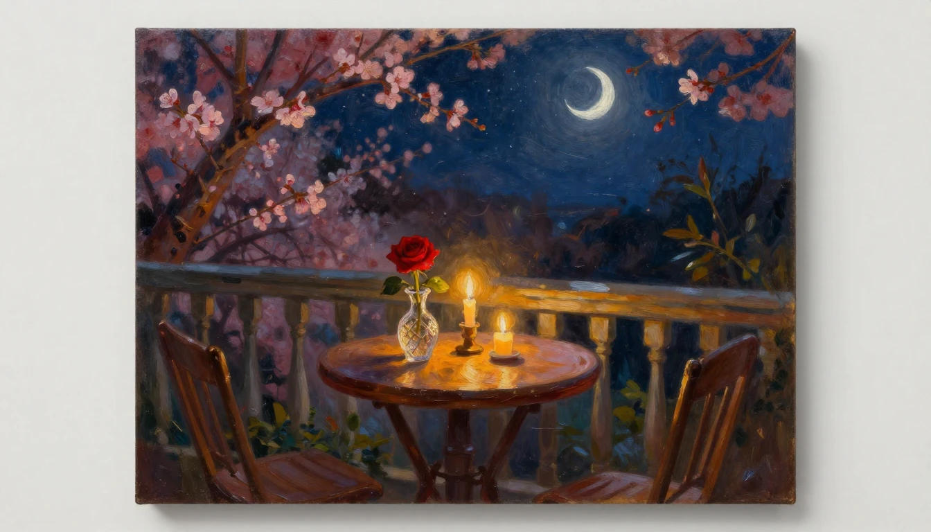 An exquisite oil painting of a romantic evening setting. A s...