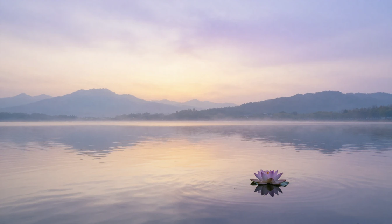 A serene landscape featuring a calm lake reflecting a soft, ...