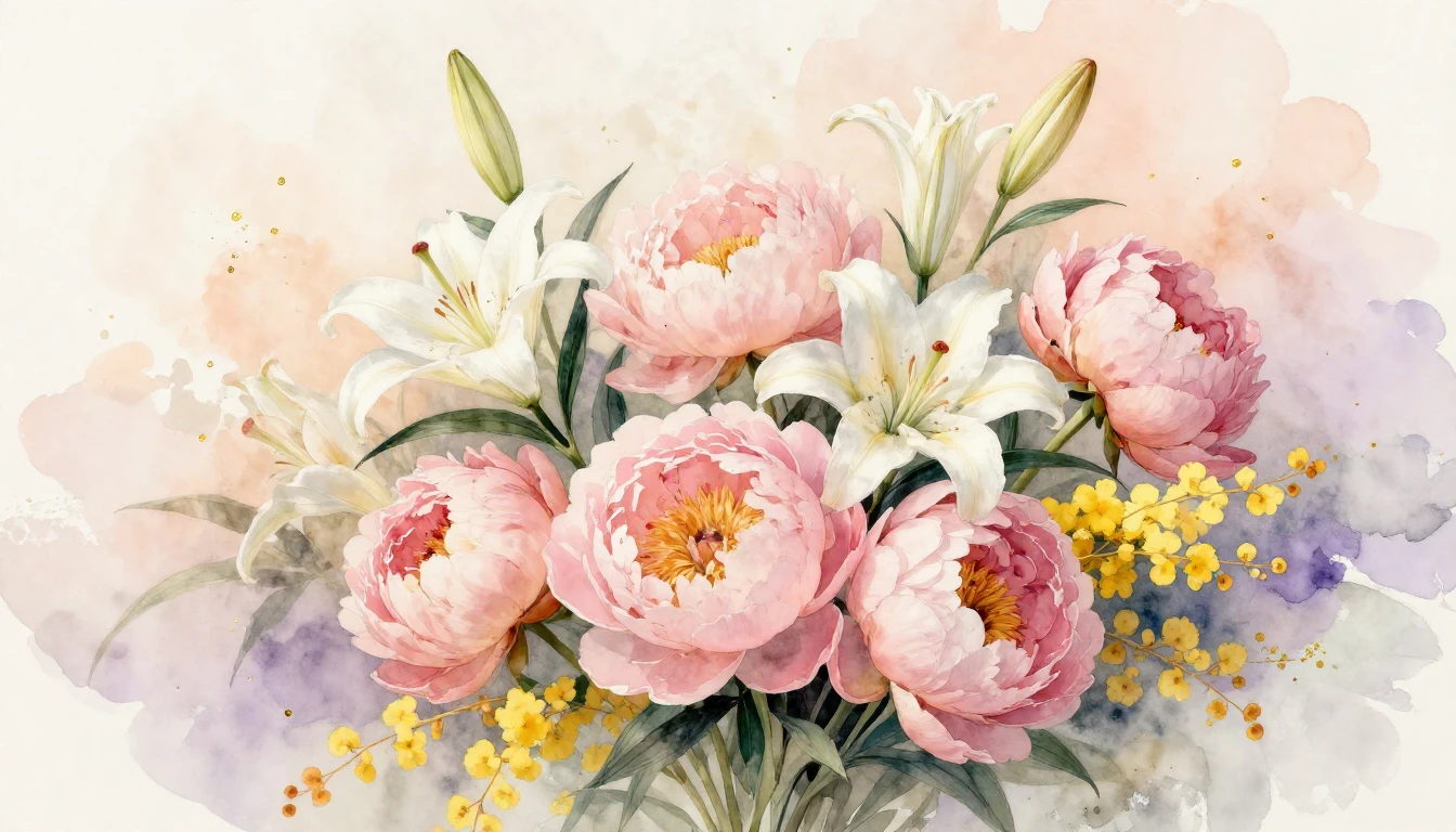A delicate watercolor masterpiece featuring a lush bouquet o...