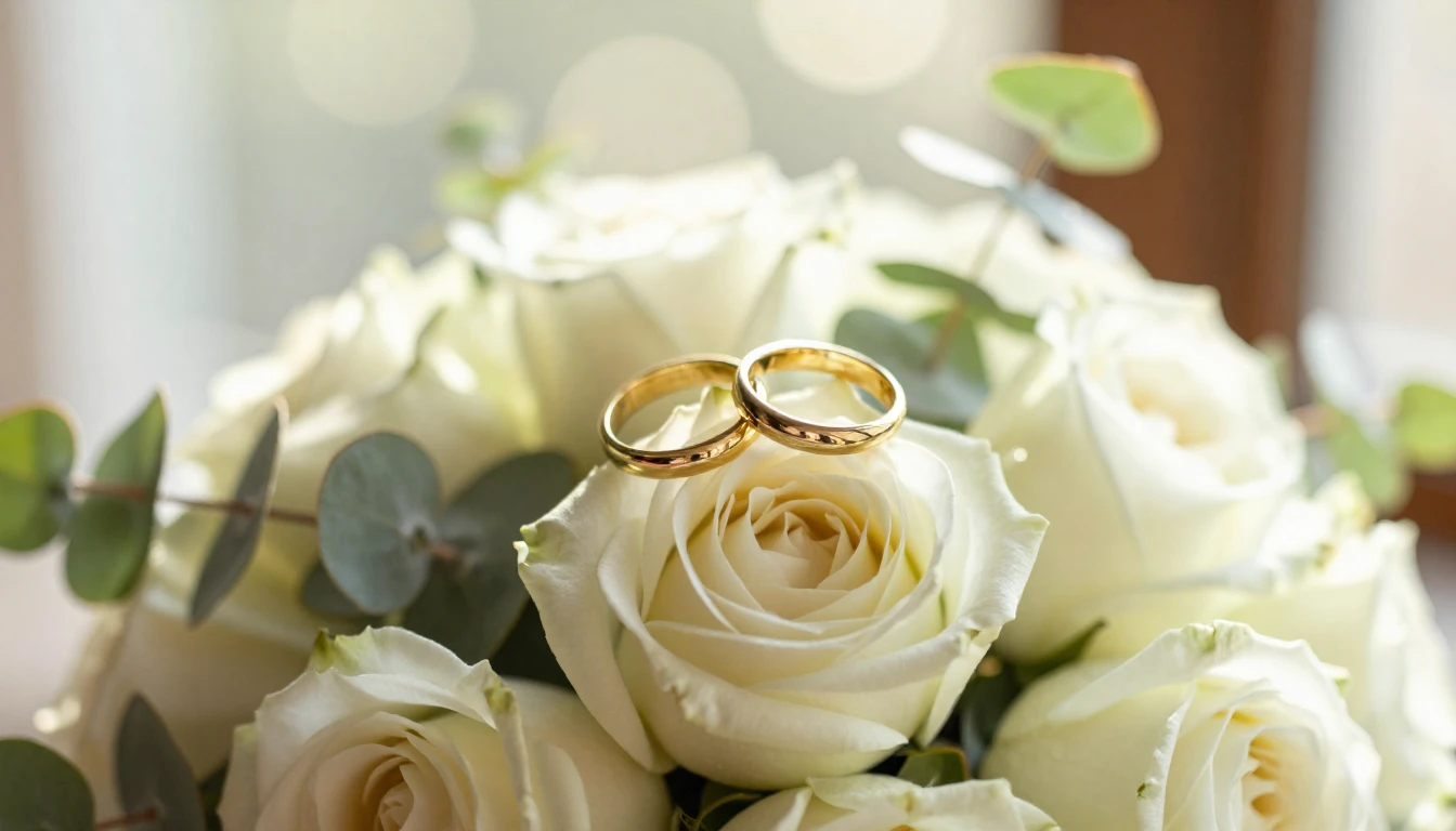Close-up of two golden wedding rings resting on a delicate b...