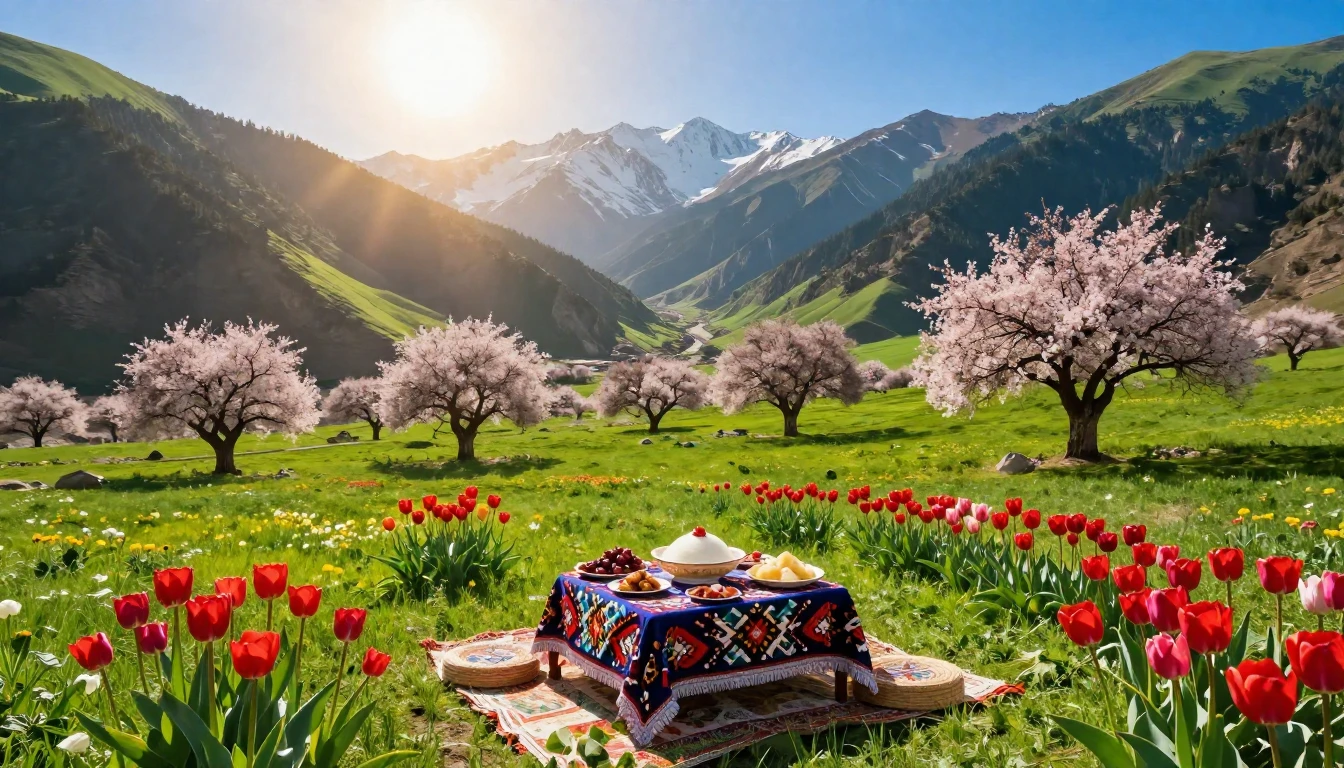 A vibrant landscape of Central Asian mountains during spring...