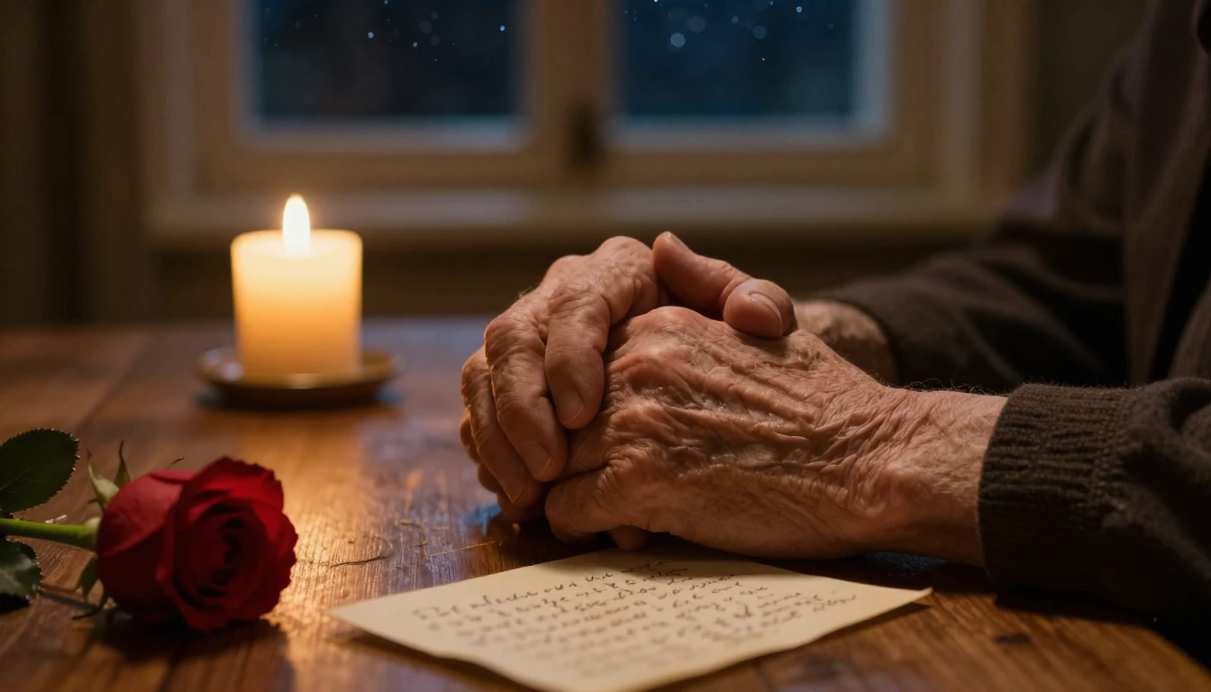 A cinematic close-up shot of two elderly hands holding each ...