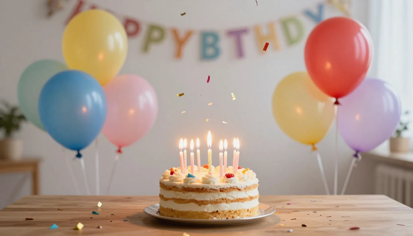 A joyful birthday celebration scene, colorful balloons float...