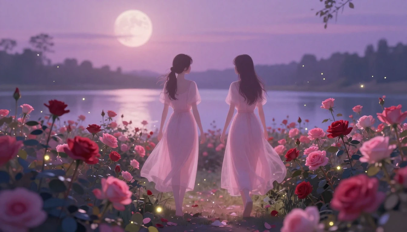 A dreamy and ethereal scene featuring two delicate silhouett...