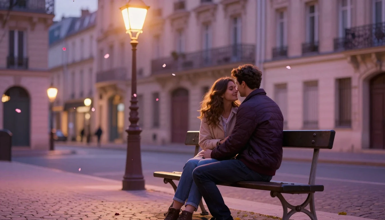 A romantic and intimate scene depicting a couple sitting clo...