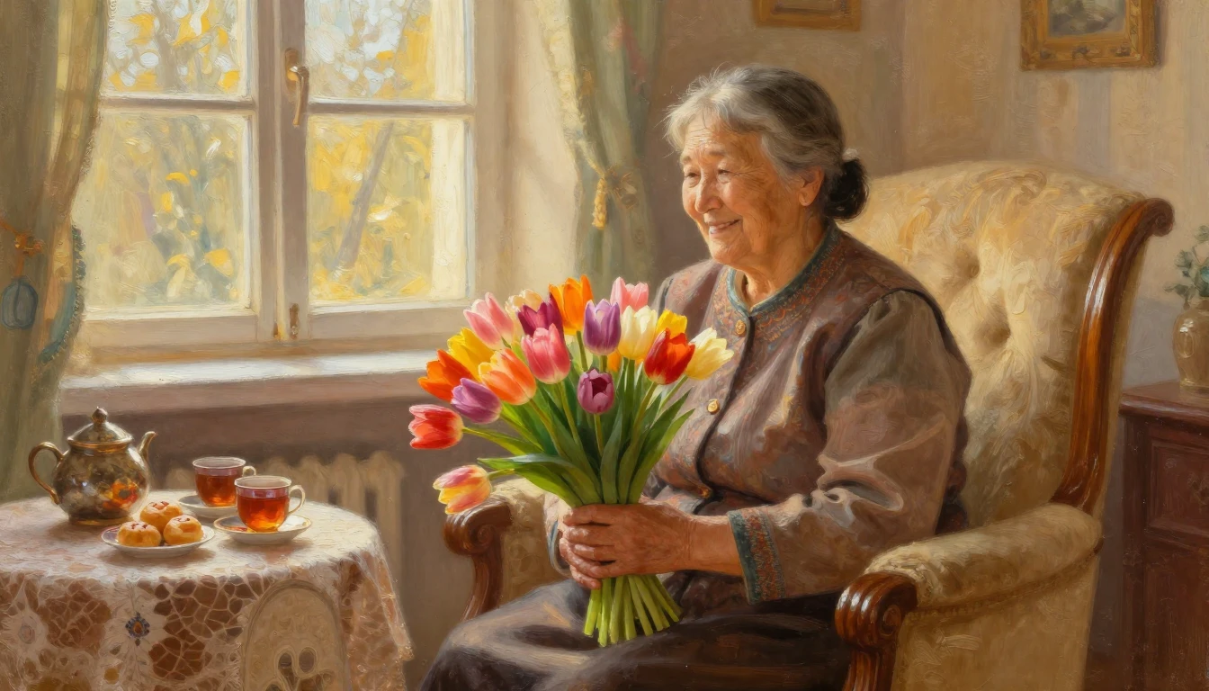 A heartwarming oil painting of a kind, elderly Kazakh mother...