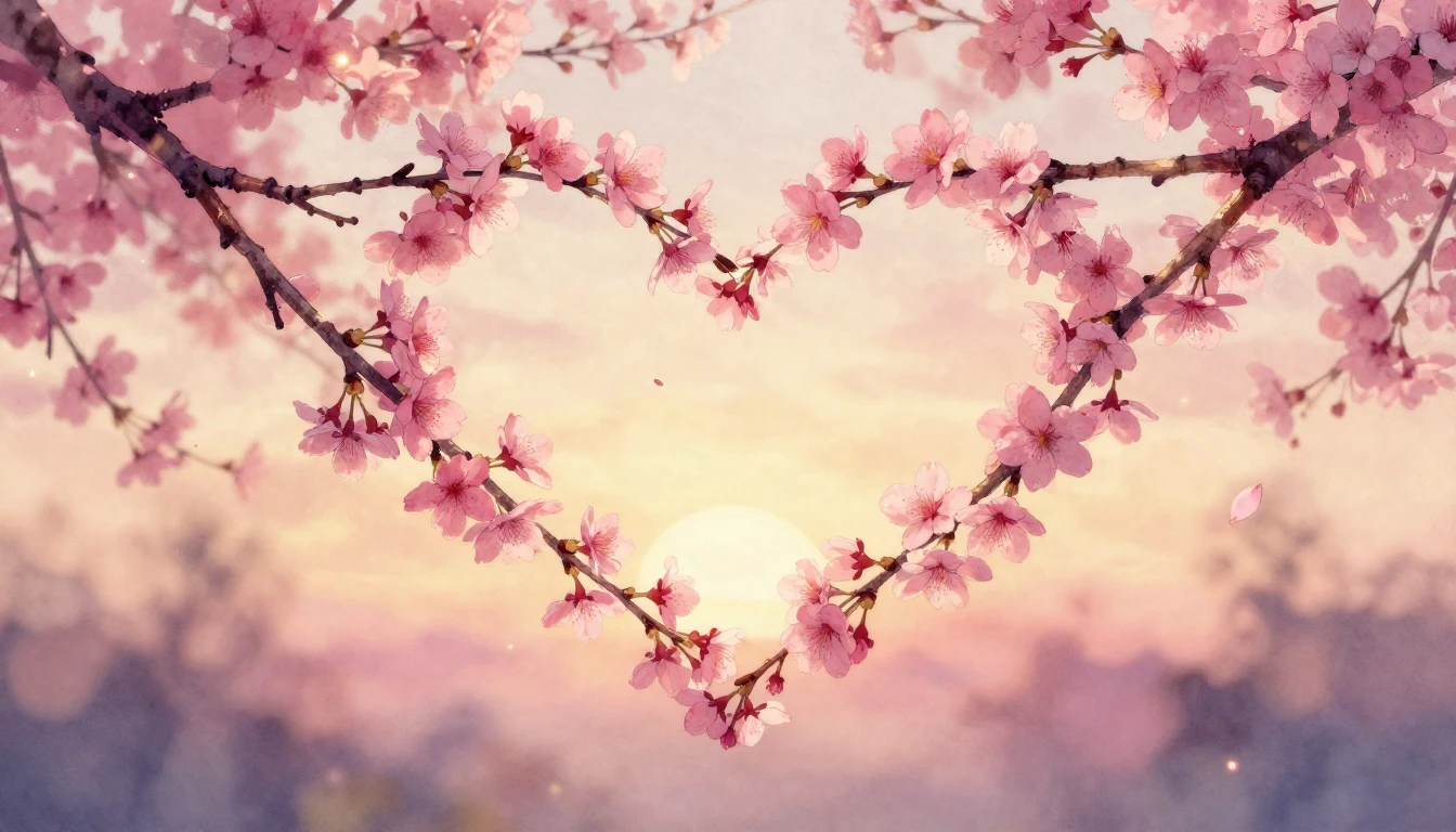 A delicate watercolor painting of two intertwined cherry blo...