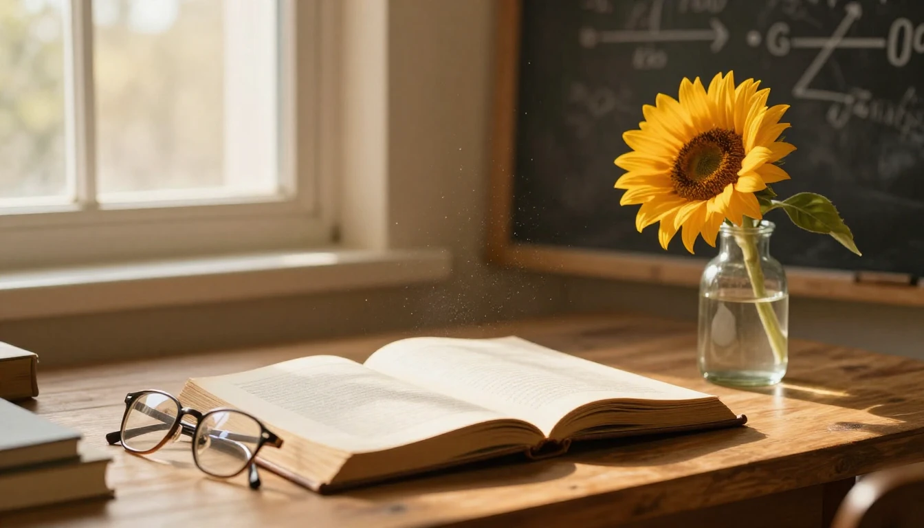 A warm and inviting scene of a sunlit wooden desk near a win...