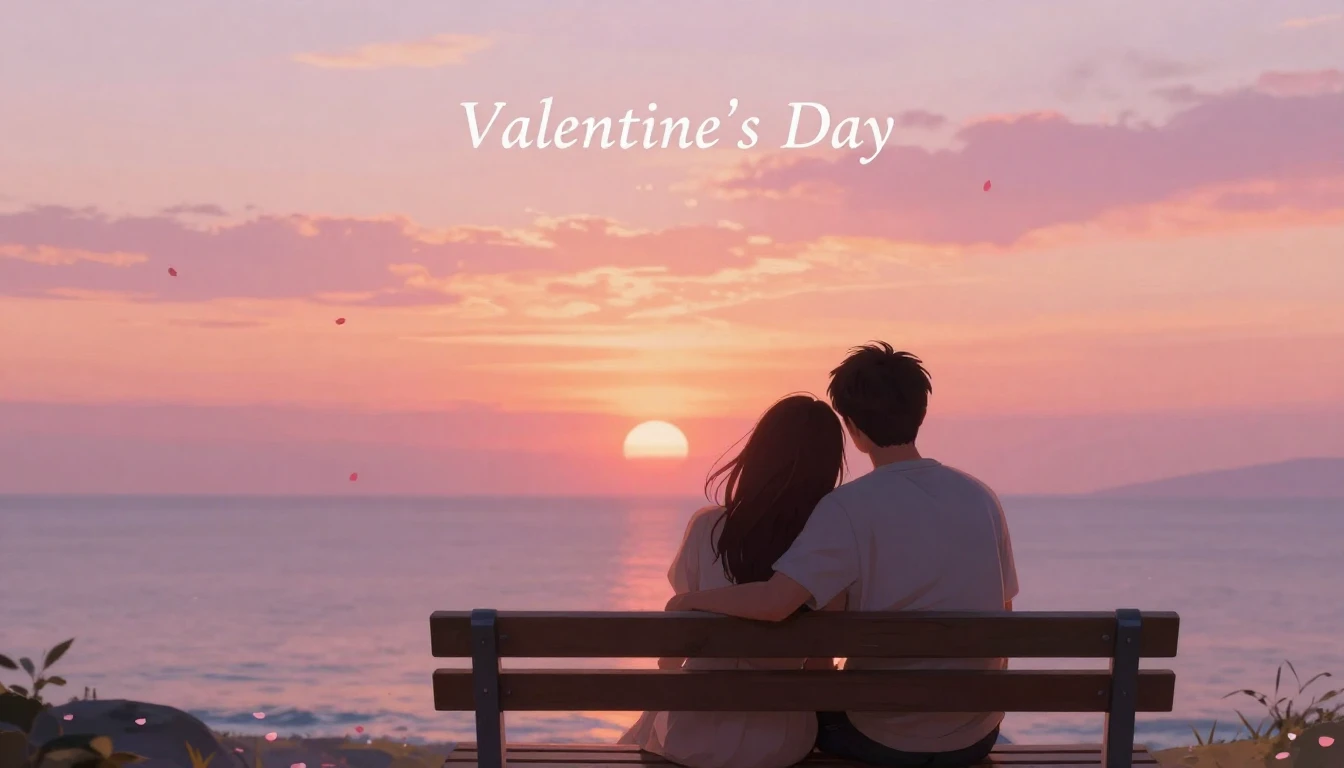 A romantic and dreamy illustration of a couple sitting close...