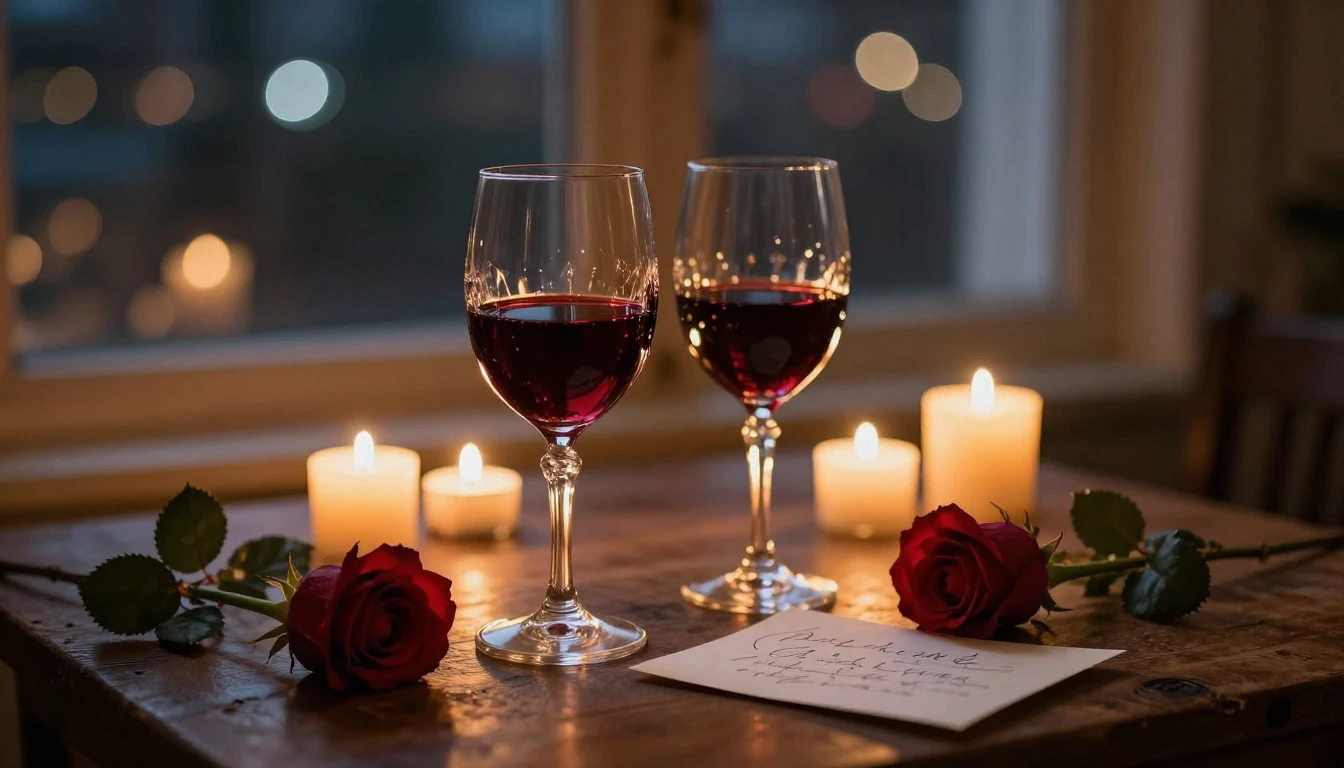 A close-up, intimate composition of a romantic evening setti...