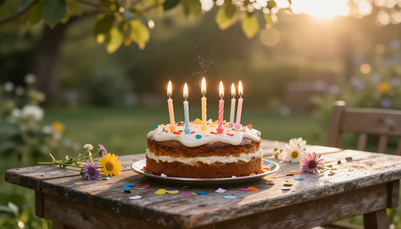 A warm and nostalgic scene of a rustic birthday cake with li...