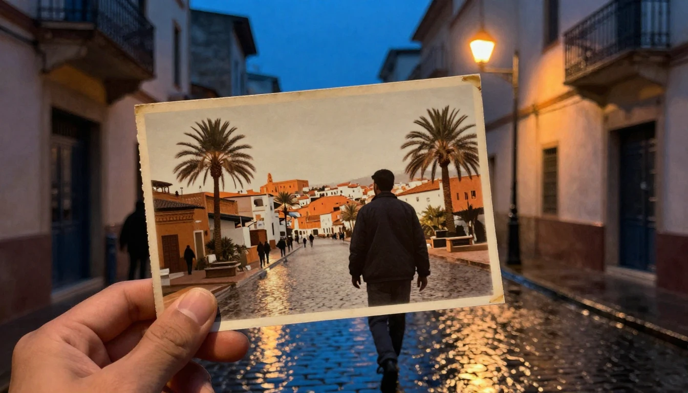 A solitary man walking down a rainy, cobblestone street in a...