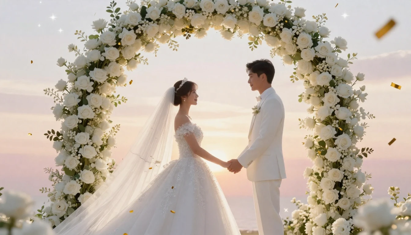 A dreamy and elegant wedding concept art featuring a silhoue...