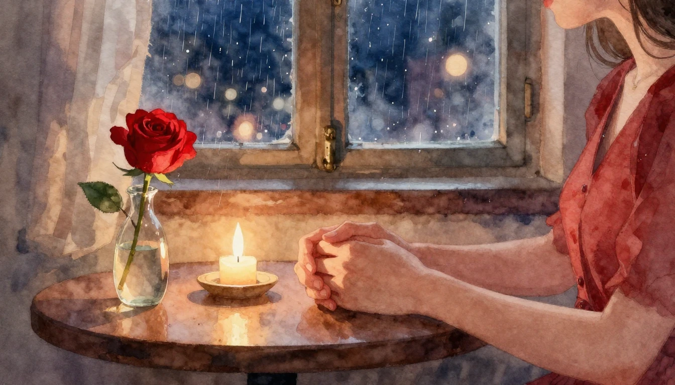 A romantic and intimate scene painted in soft watercolor. A ...