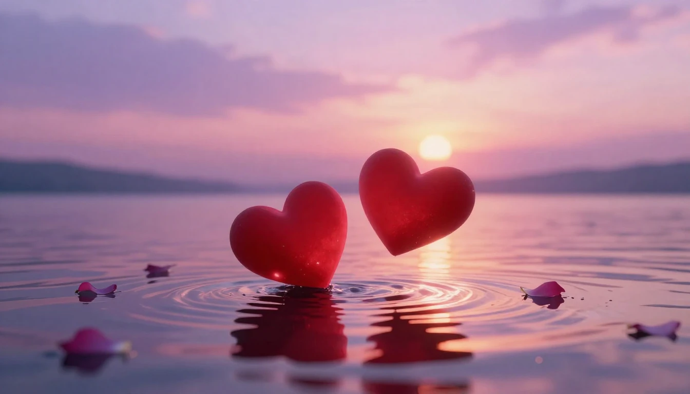 A beautiful and romantic scene featuring two glowing red hea...