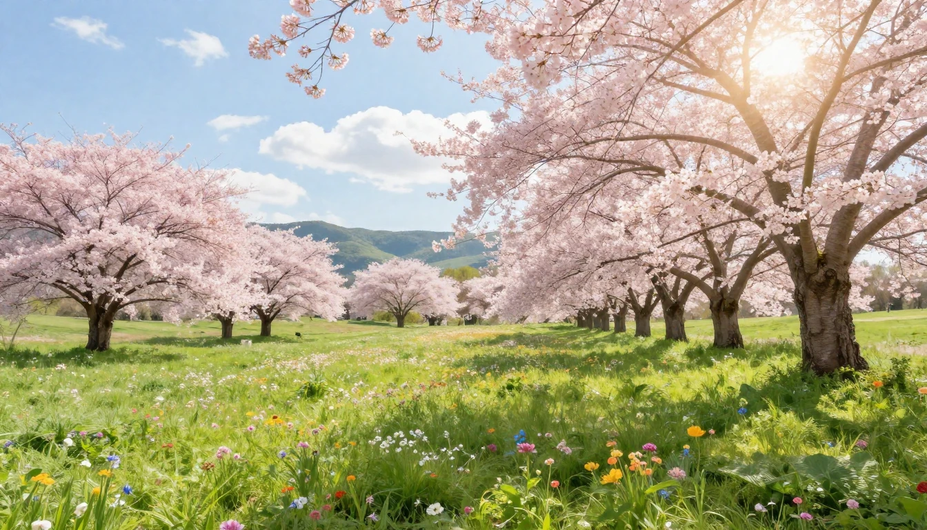 A serene landscape featuring a lush green meadow filled with...