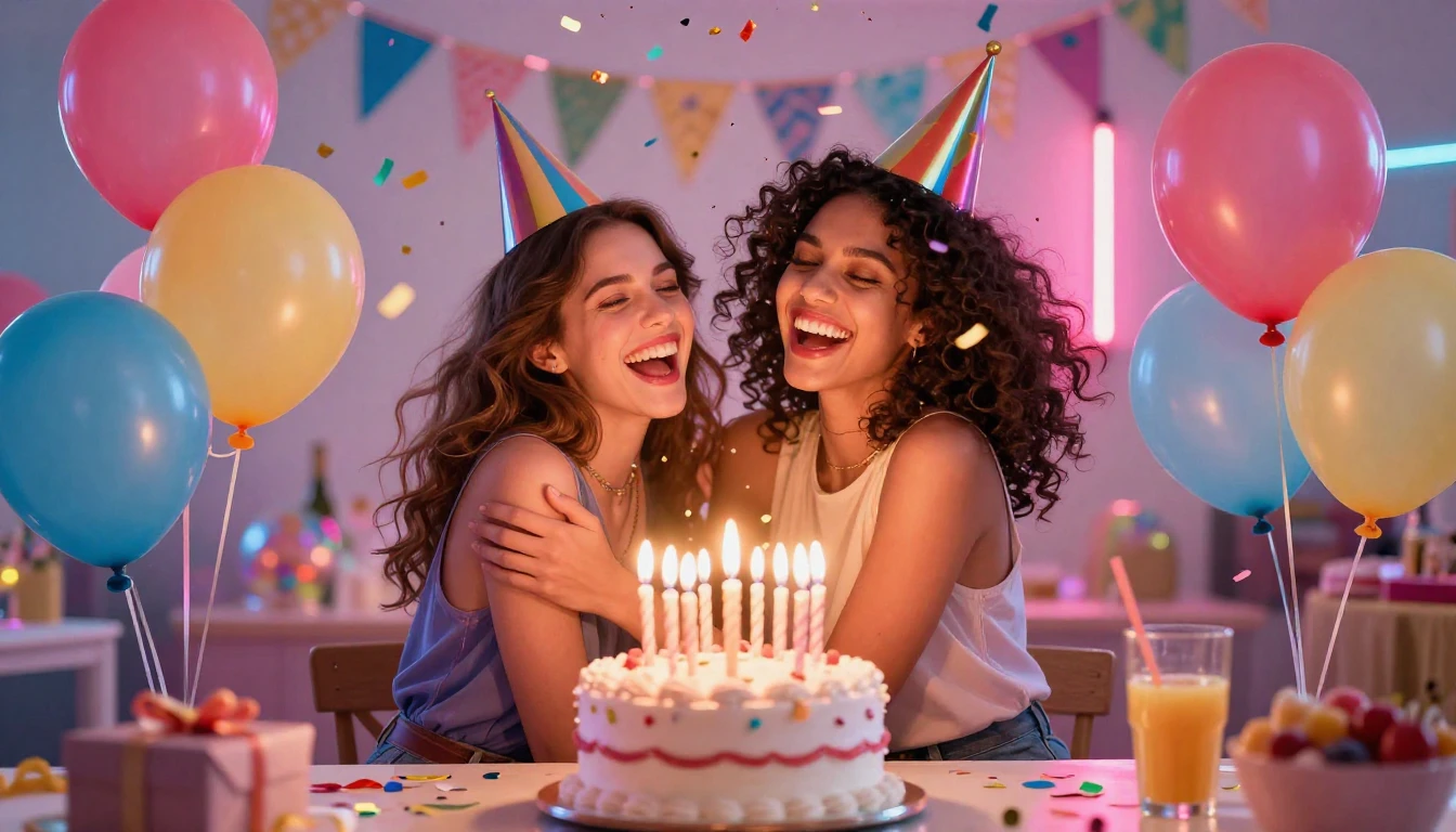 A vibrant and joyful birthday party scene with colorful floa...