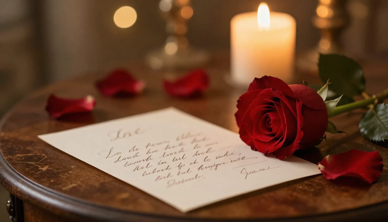 A romantic and intimate setting featuring a single red rose ...
