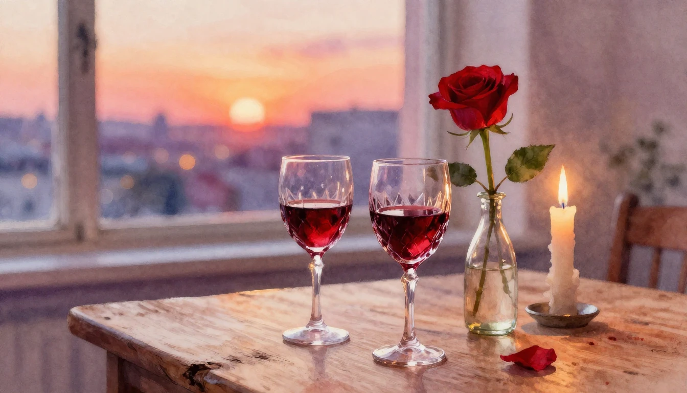 A soft and dreamy watercolor painting of a romantic dinner s...