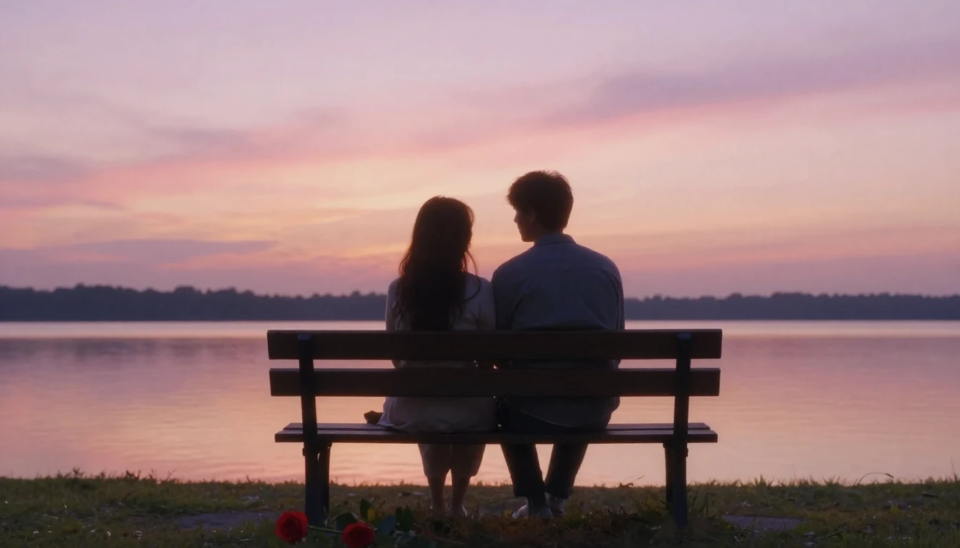 A soft and dreamy romantic scene featuring a silhouette of a...