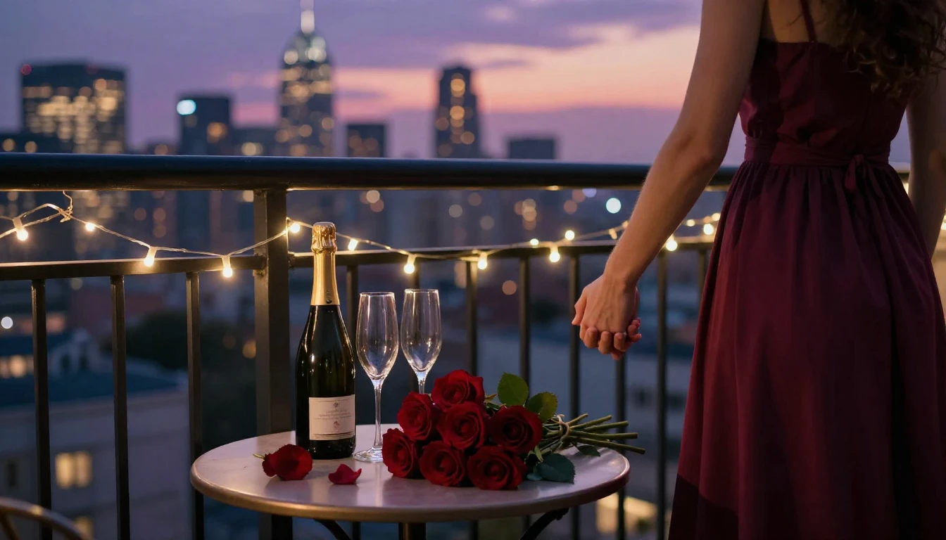 A romantic and intimate scene depicting a couple holding han...