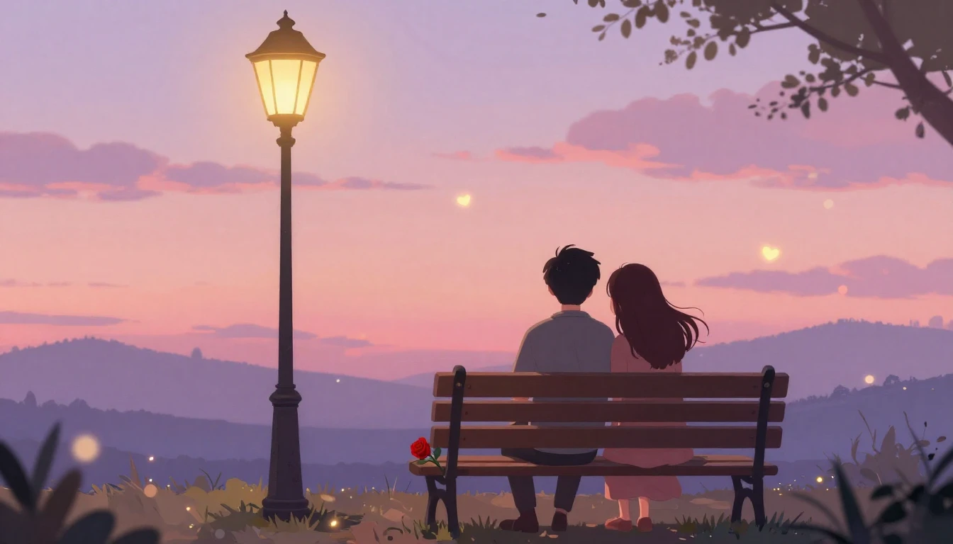 A romantic and dreamy illustration of a couple sitting close...