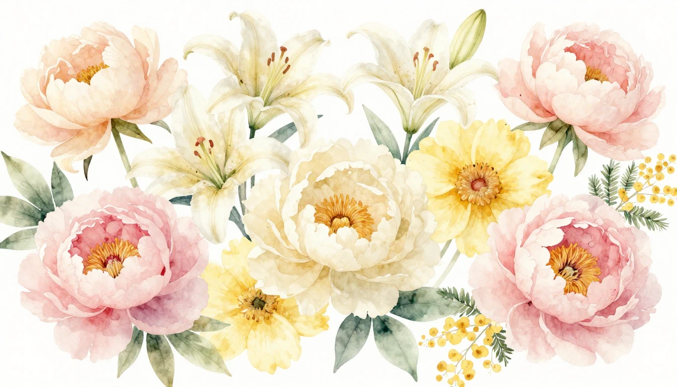 A beautiful and delicate watercolor painting of various bloo...