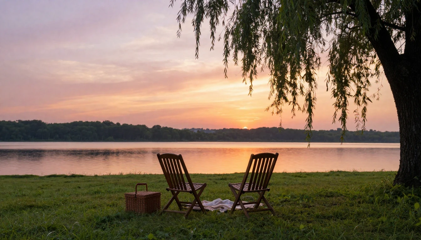 A serene outdoor scene during a golden hour sunset. Two empt...