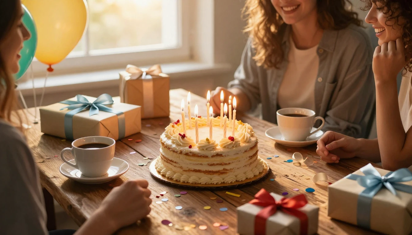 A heartwarming scene of a beautifully decorated birthday cak...