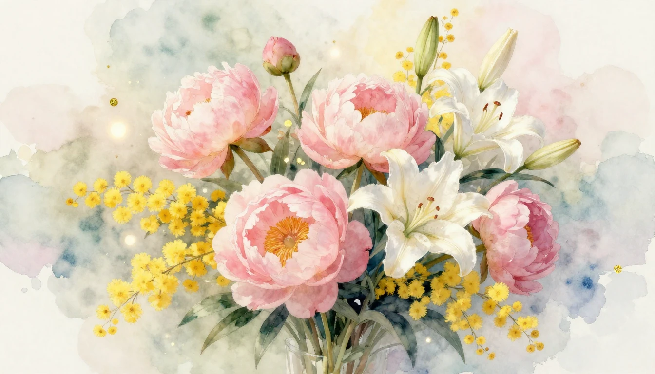A delicate watercolor painting of a lush bouquet featuring s...